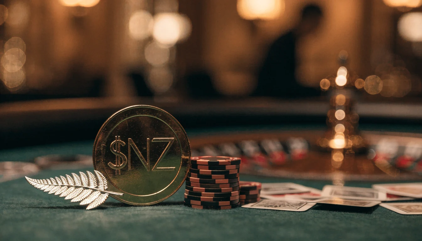 A single New Zealand dollar coin on a casino table with chips and cards