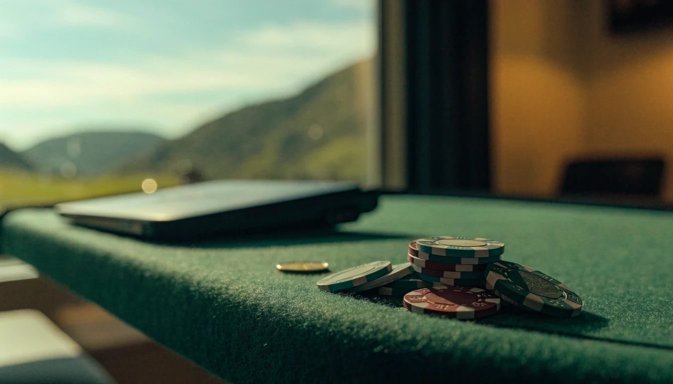 Casino chips and a coin on green felt with a hint of New Zealand landscape.