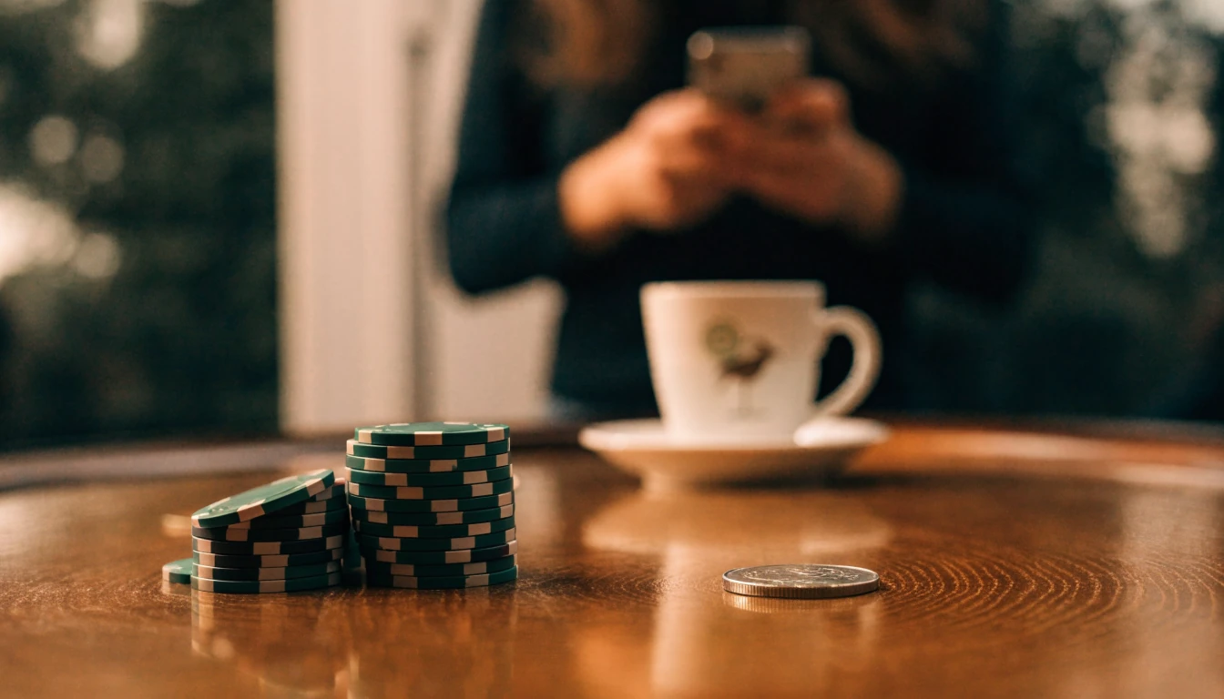 Casino table with chips and a smartphone face-down with New Zealand coffee