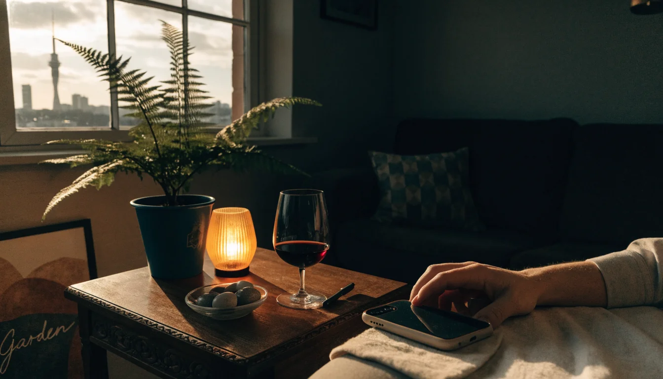 Cozy Auckland lounge with silver fern, face-down phone, and evening city view