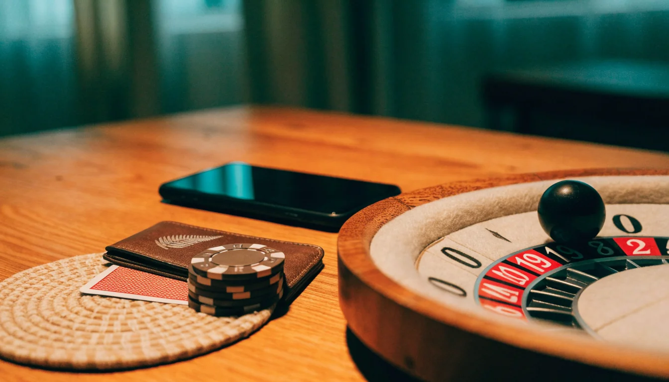 Casino chips, roulette, and a face-down phone on a desk with a New Zealand silver fern motif.