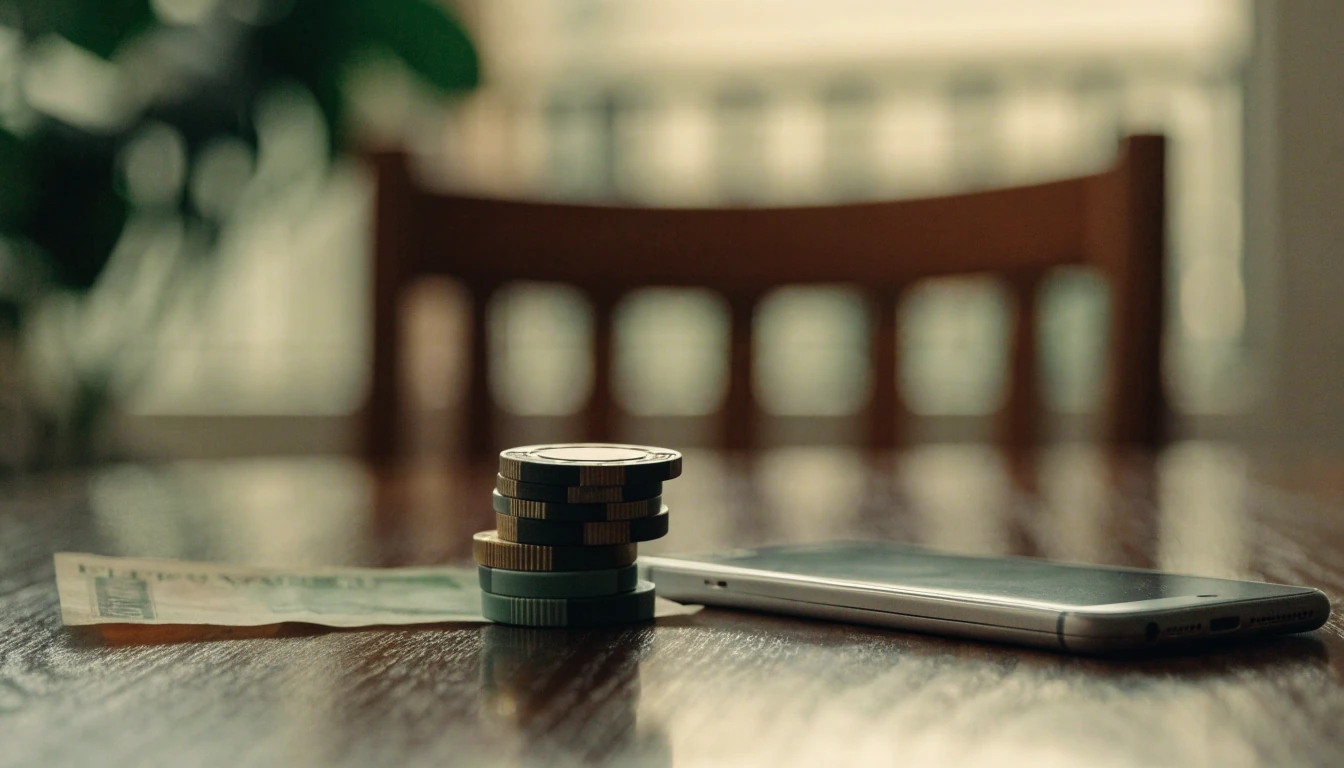 Casino chips and a New Zealand five-dollar note on a table beside a face-down phone.