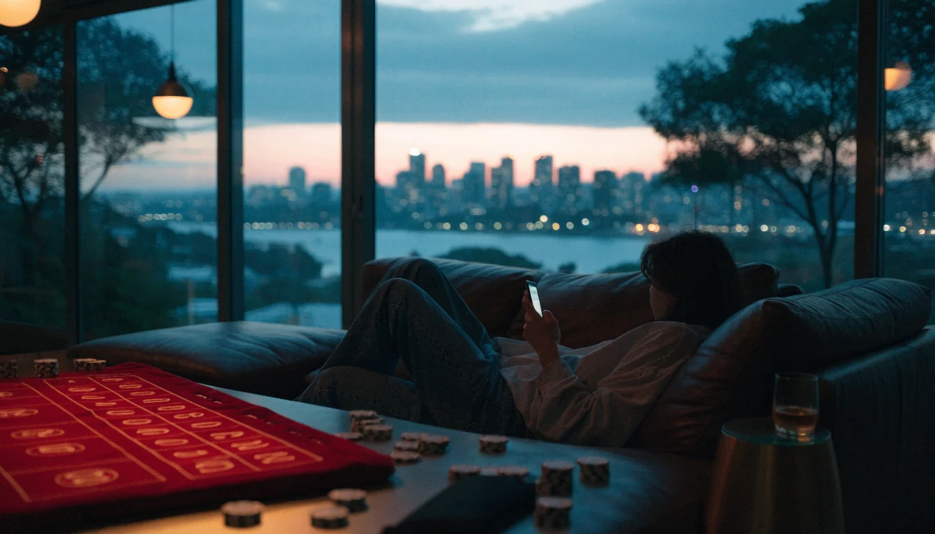 New Zealand player enjoying casino gaming evening at home with smartphone and chips