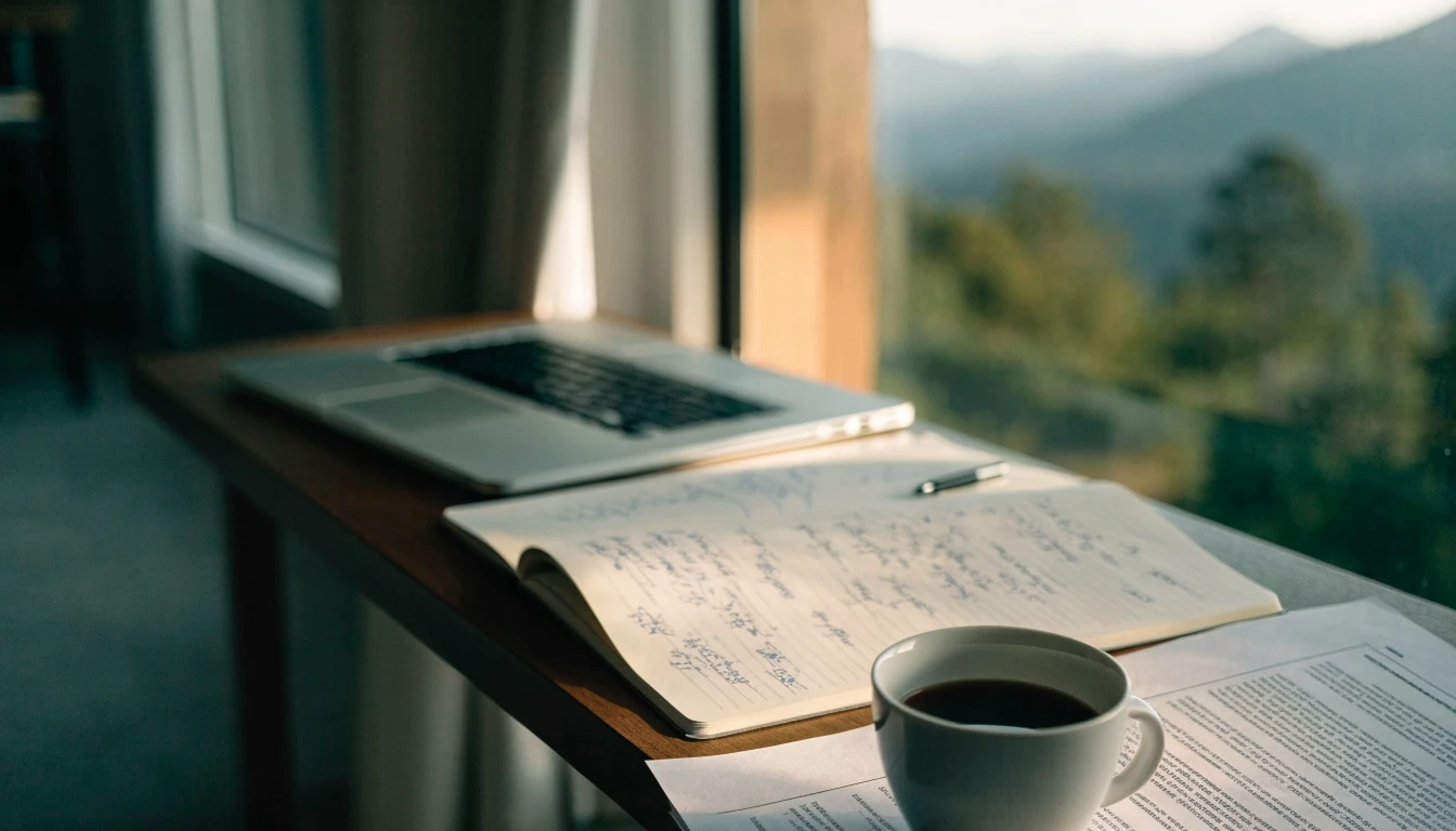 Analyst's desk, closed laptop and regulatory notes, New Zealand window view