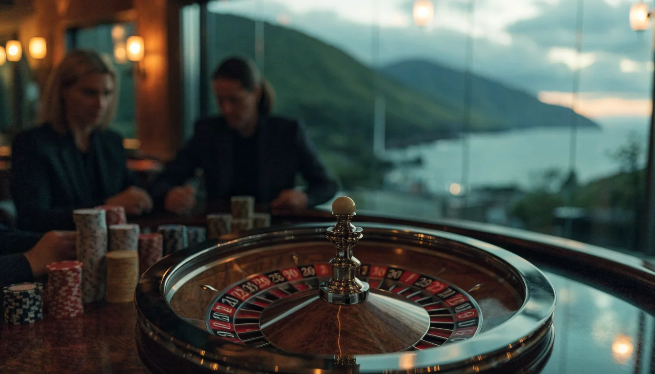 American roulette wheel with chips on a casino table overlooking New Zealand coastline.