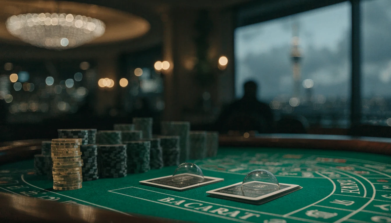 Elegant baccarat table with chips and cards in a New Zealand casino