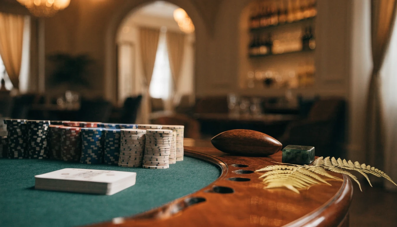 Elegant baccarat table with chips and cards in a warm lounge featuring a silver fern detail