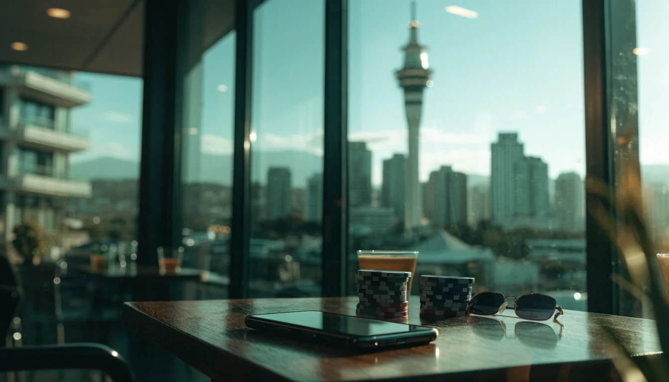 Smartphone on a cafe table with Auckland skyline and casino chips in the background.