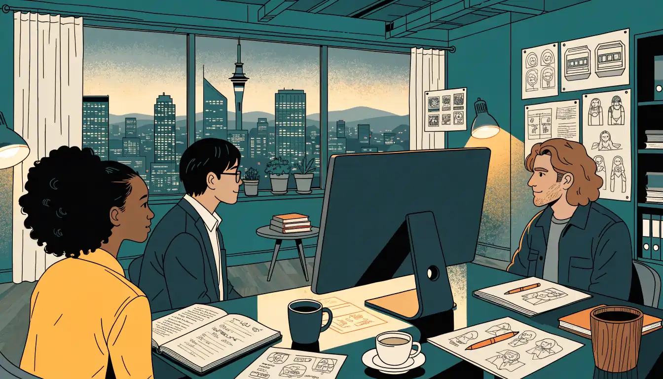 Game design team working in a New Zealand studio loft with Auckland skyline view