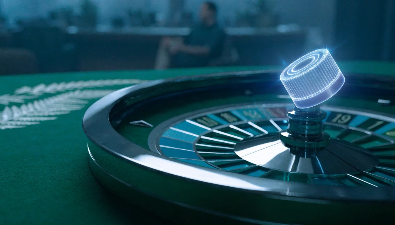 Digital chip hovering above roulette wheel with New Zealand fern motifs