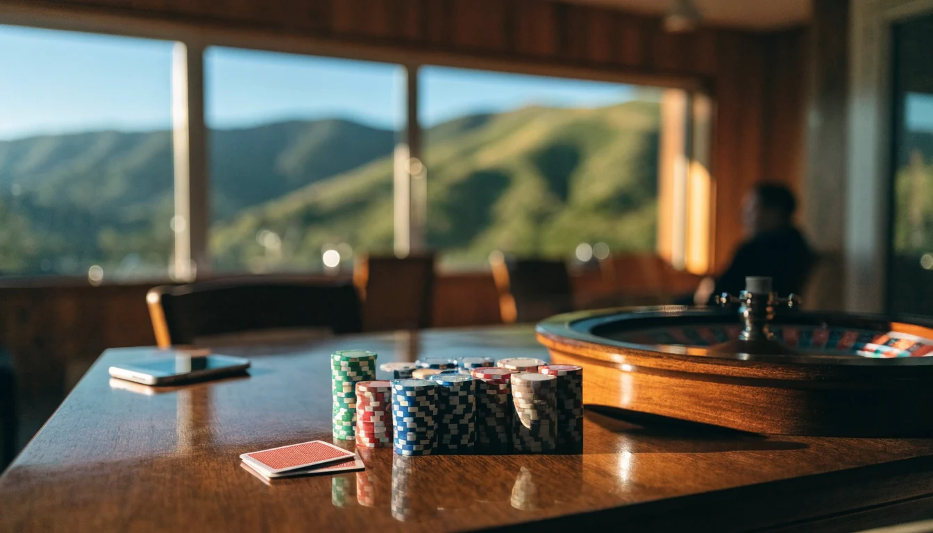 Casino chips, cards, and a roulette wheel on a table with a New Zealand landscape visible through the window.
