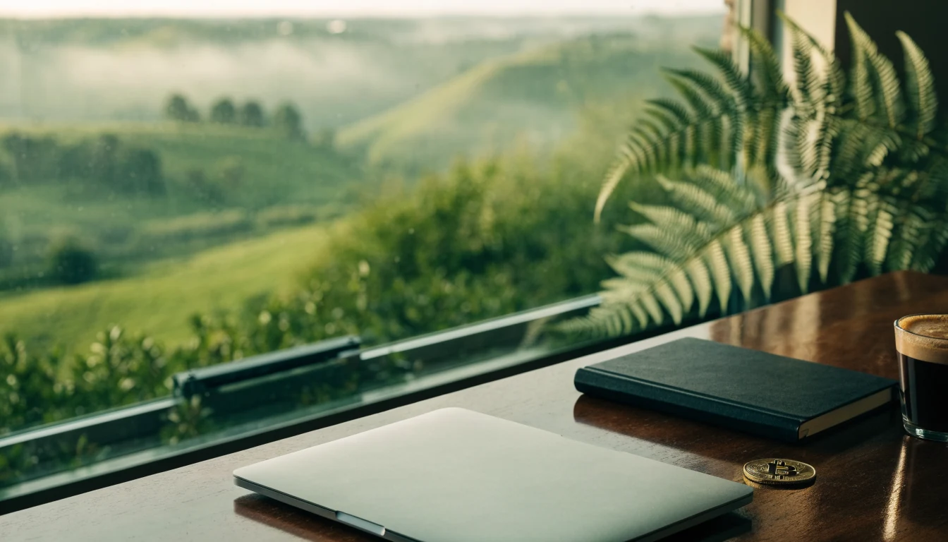Laptop beside Bitcoin coin on a desk with New Zealand hills view