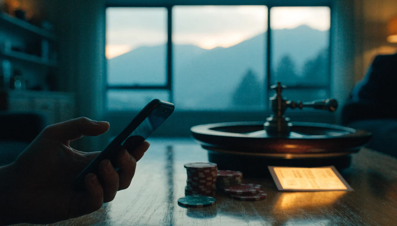 Smartphone, casino chips, and a bonus coupon on a table with a New Zealand landscape view at dusk.