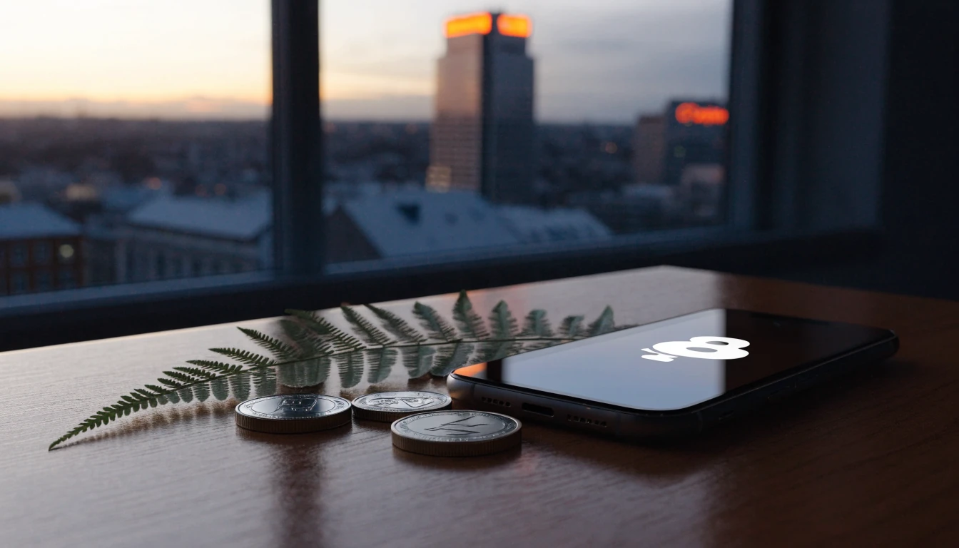 Smartphone with Dogecoin symbol on a table with silver fern, Auckland skyline at dusk
