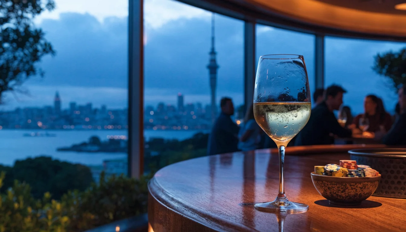 New Zealand coastal casino lounge at dusk with harbour view