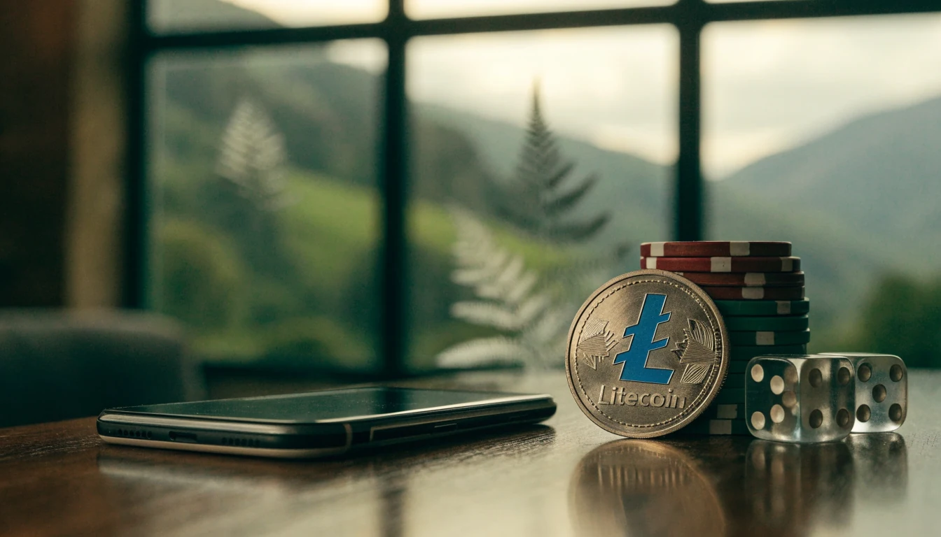 Litecoin coin, casino chips, smartphone, and dice on a wooden table with New Zealand scenery