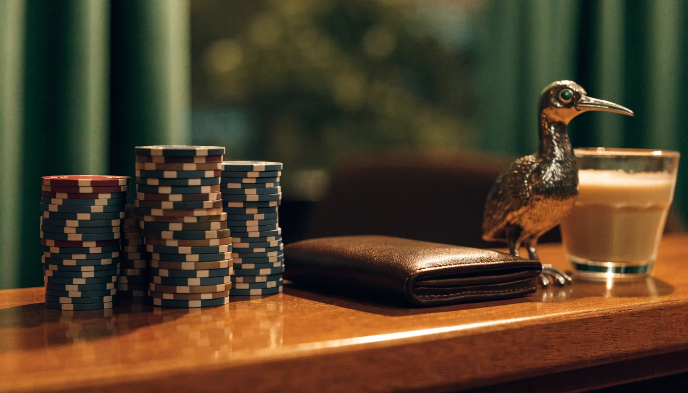 Casino chips and a leather wallet on a wooden bar counter with a kiwi figurine and coffee, New Zealand themed lounge setting.