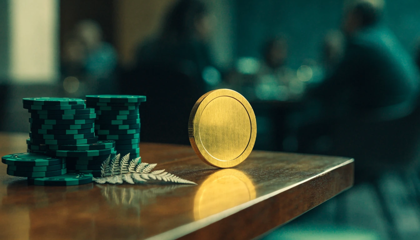 Golden USDT Tether coin next to casino chips with a silver fern, representing crypto gambling in New Zealand.