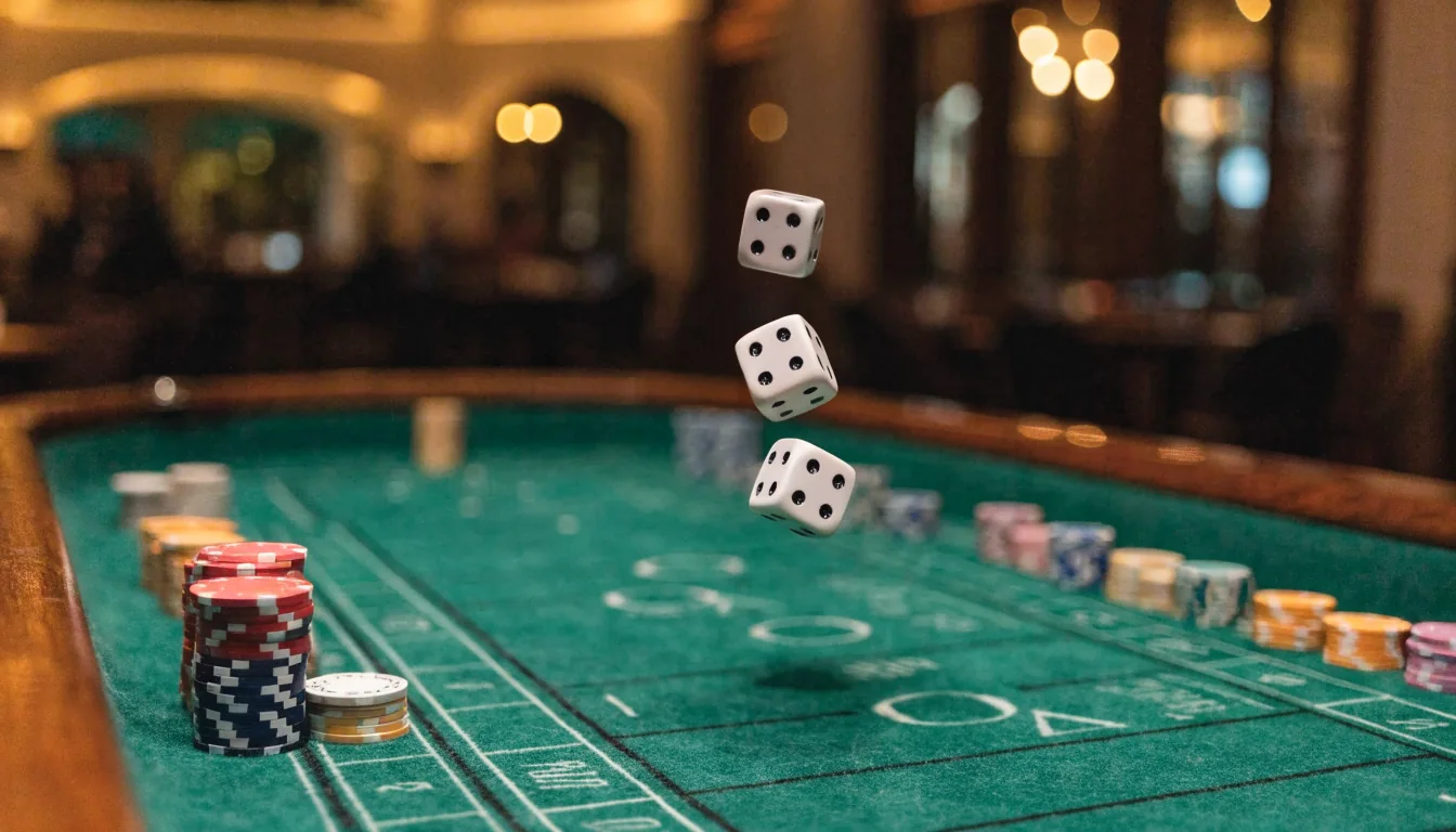 Craps table with rolling dice and stacked chips in a New Zealand casino