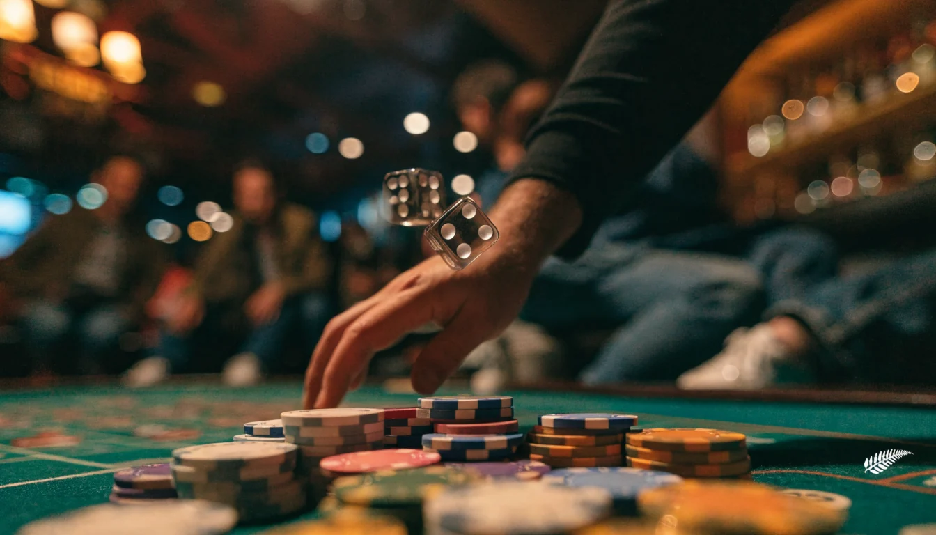Dice mid-roll on a casino craps table with stacked chips
