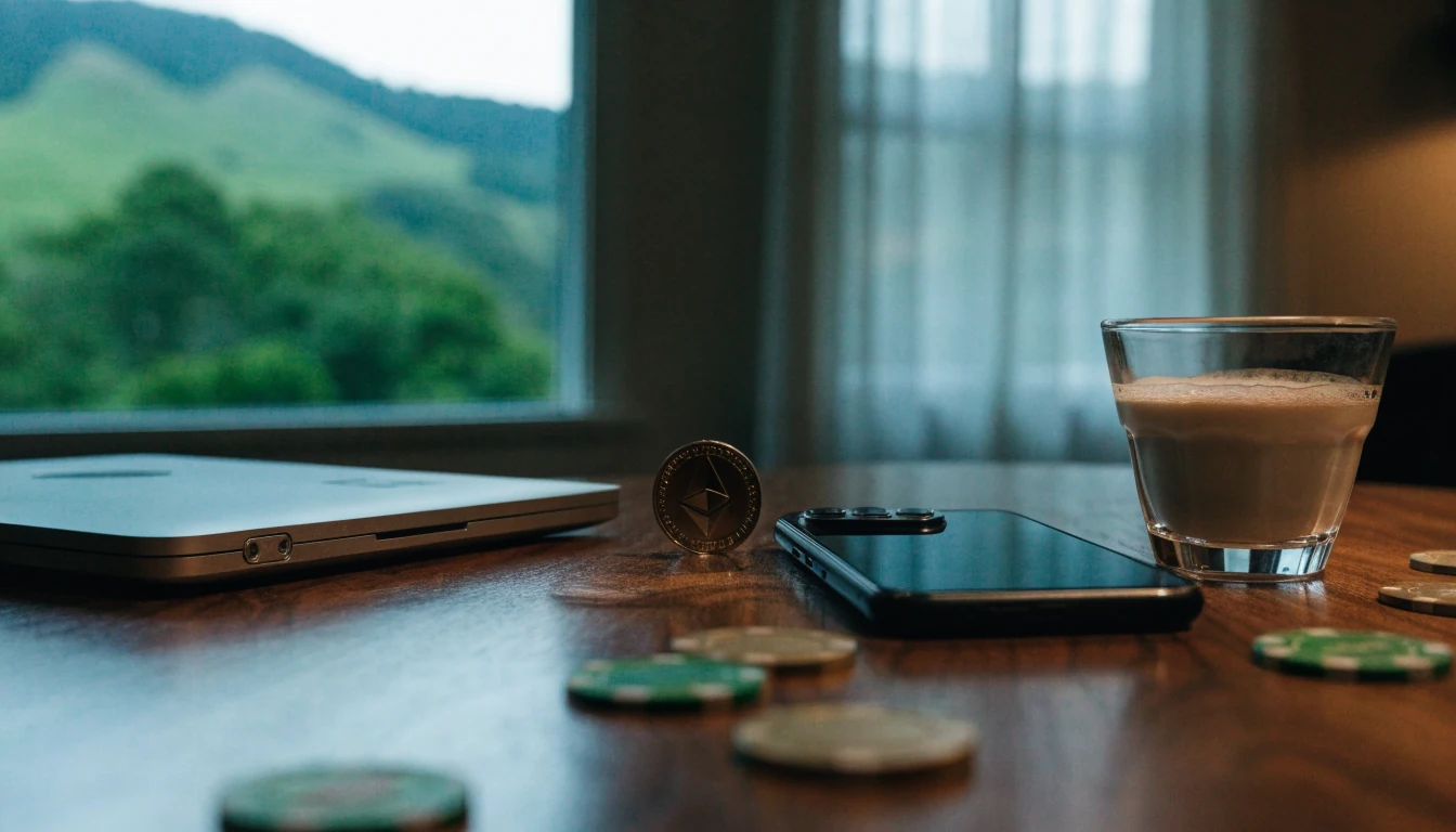 Ethereum coin, laptop, and casino chips on a table with a New Zealand landscape view