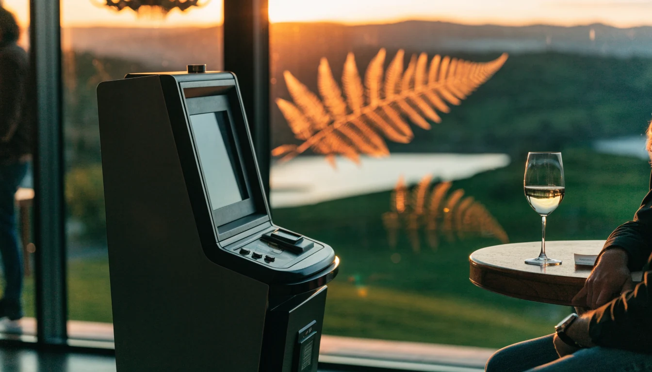 Slot machine in a New Zealand casino lounge with rolling green hills at sunset.