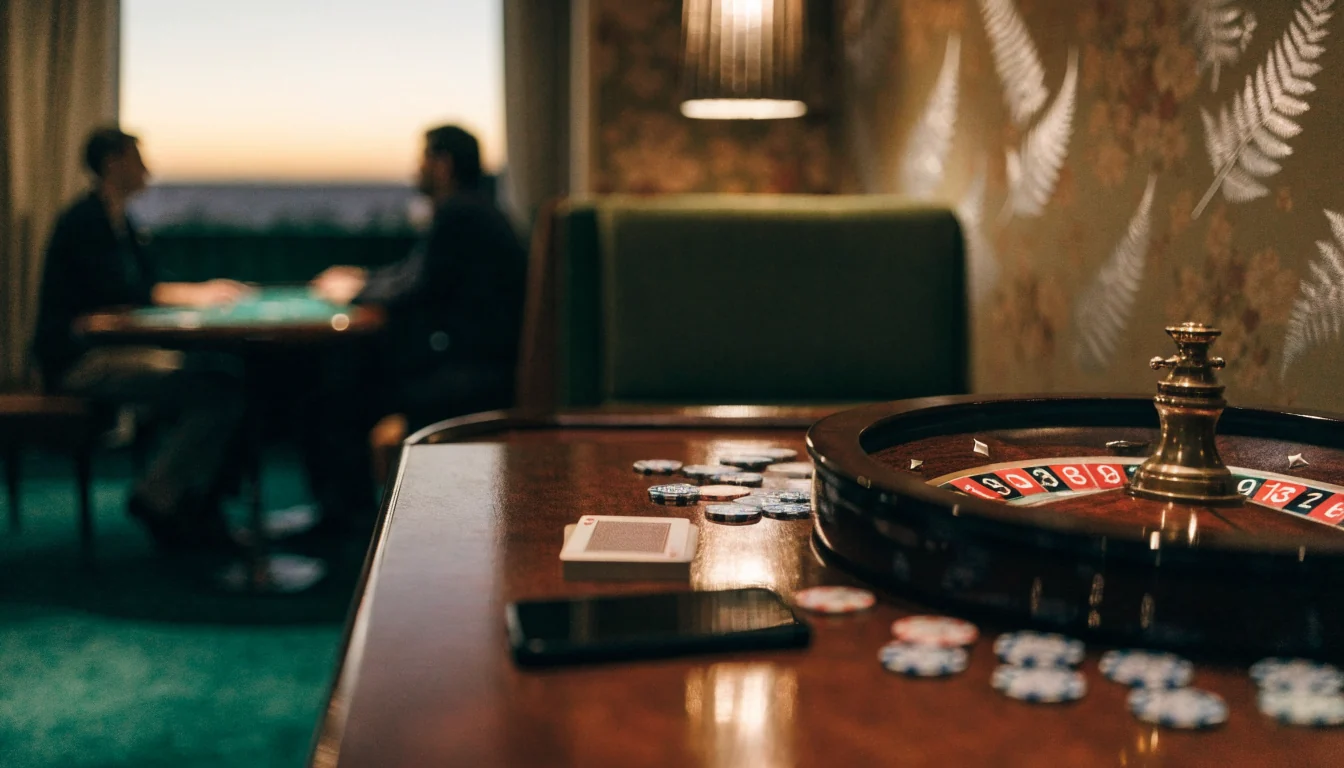 New Zealand themed casino lounge with roulette, chips, cards and a face-down phone