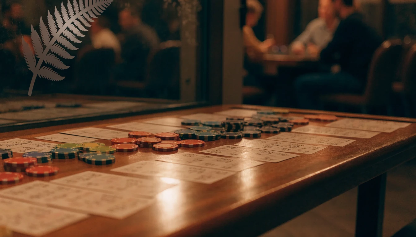 Keno game cards and casino chips on a wooden table in a New Zealand lounge.