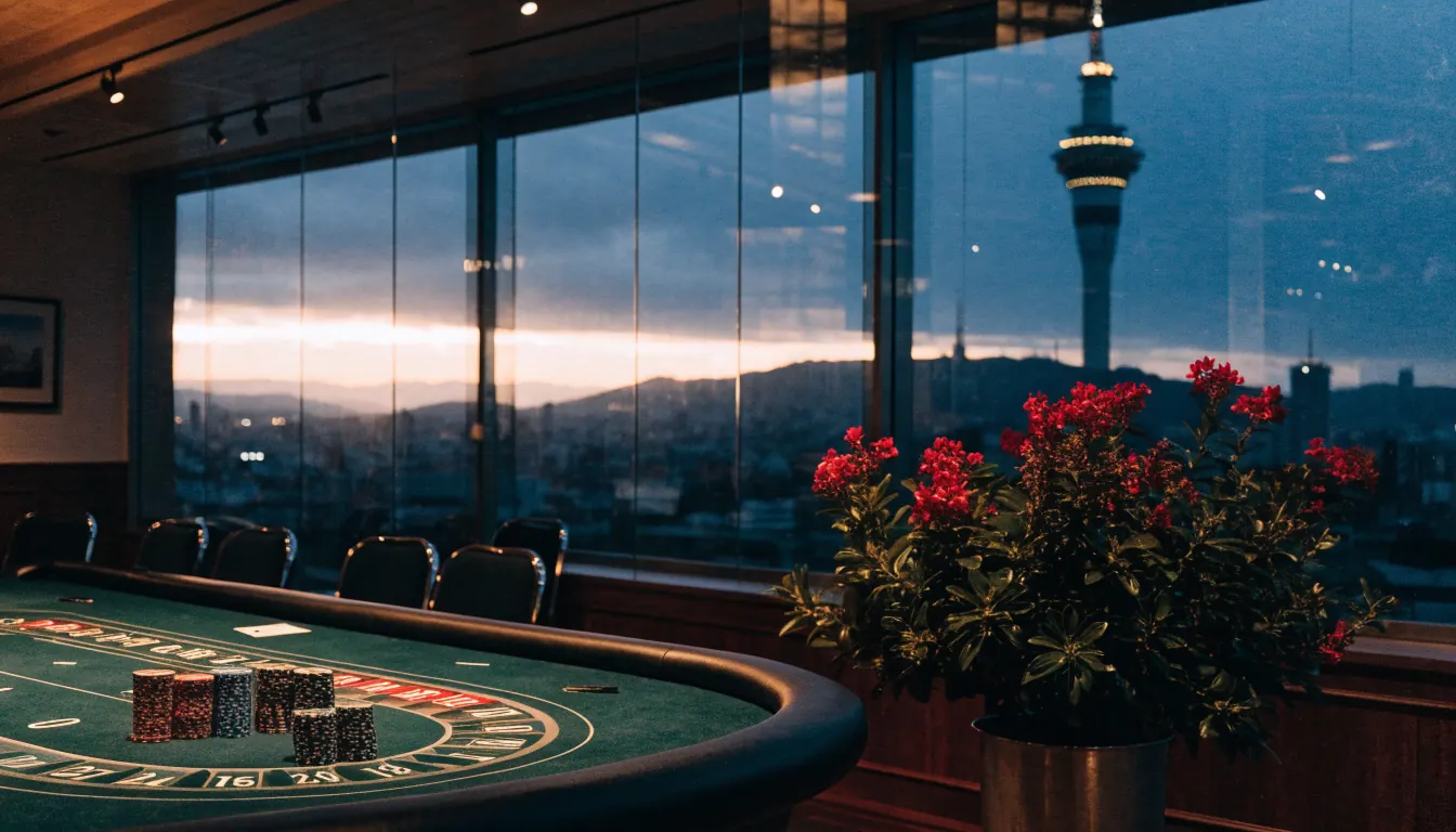 Elegant live casino roulette table with chips, pōhutukawa plant, and Auckland skyline at dusk.