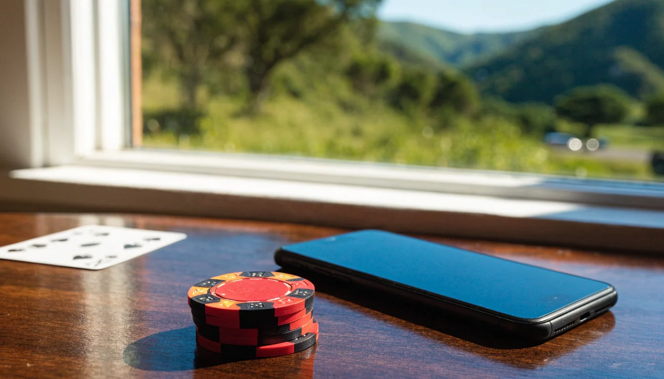 Smartphone face-down on a table with casino chips, overlooking New Zealand hills.