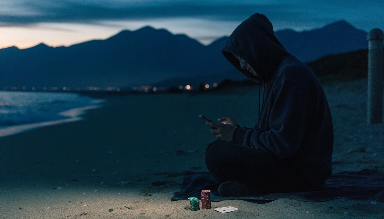 Hooded figure on a New Zealand beach at night using a smartphone with casino chips nearby