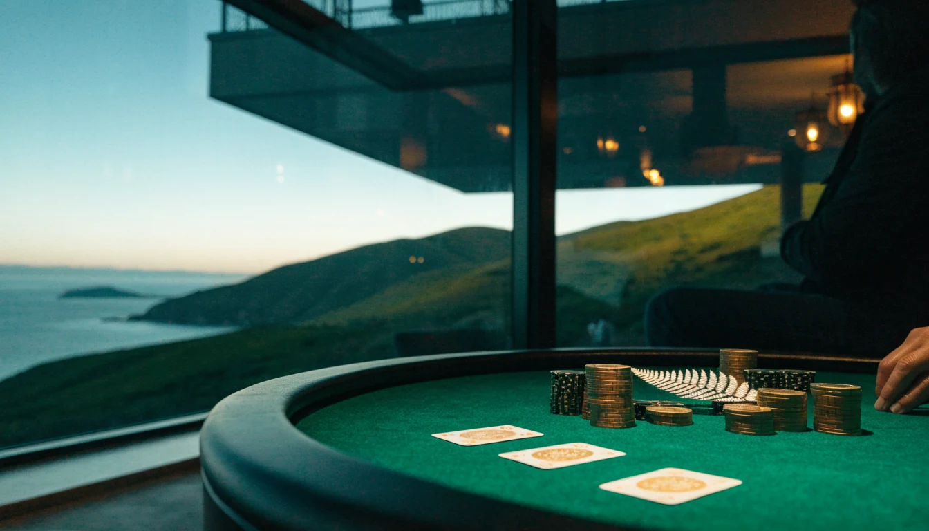 Casino chips and cards on a felt table with a New Zealand coastal landscape visible through windows at dusk.