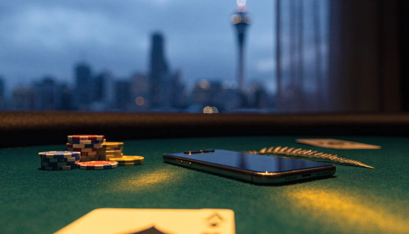 Android phone on green felt table with chips, card, and New Zealand skyline at dusk