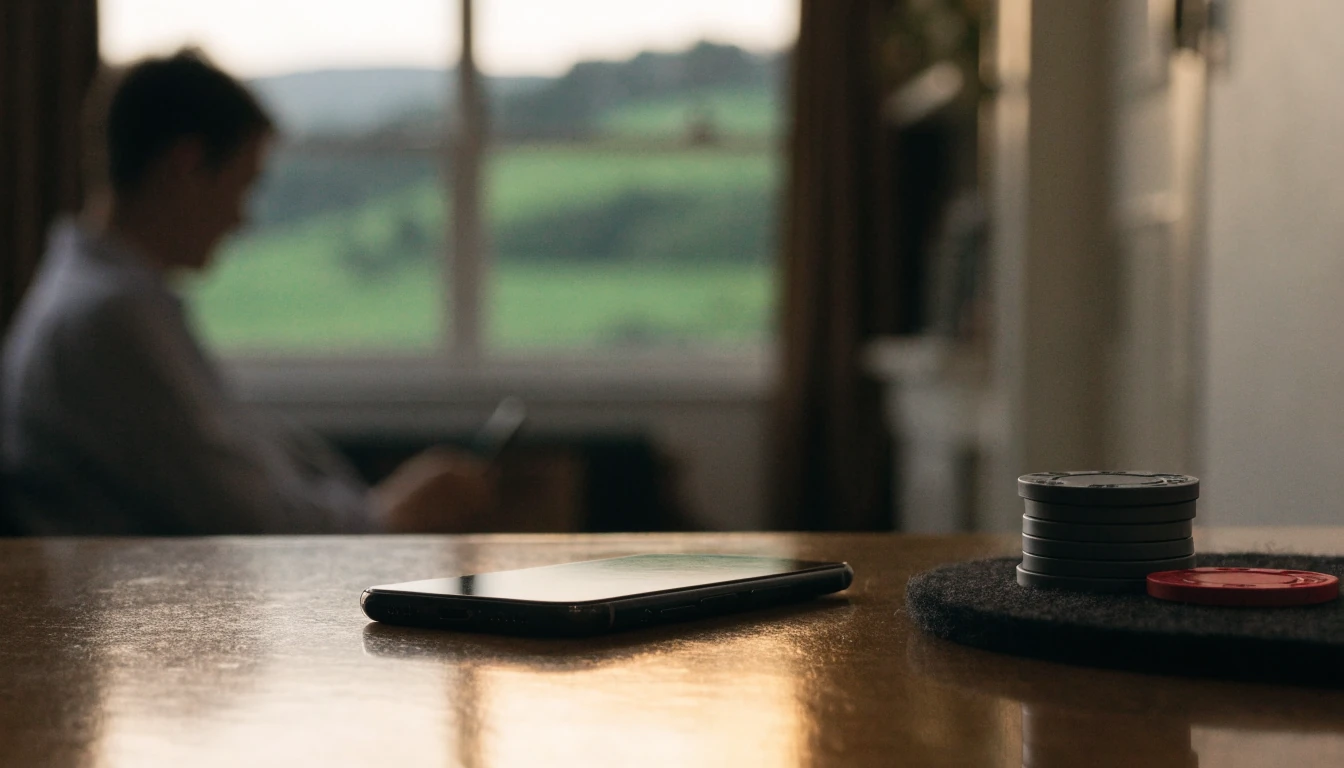 Smartphone face-down with casino chips on a table, New Zealand countryside view