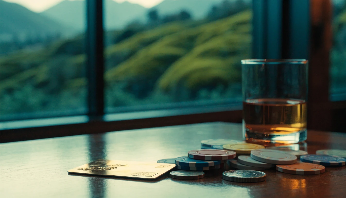 Credit card with casino chips and whiskey on a table, New Zealand mountains in background