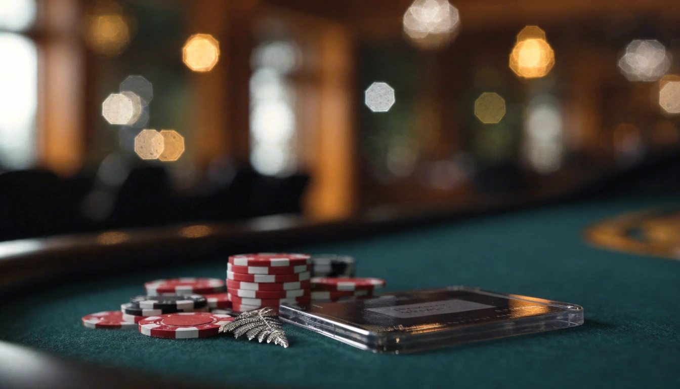 Casino table with Flexepin voucher, chips, and a silver fern