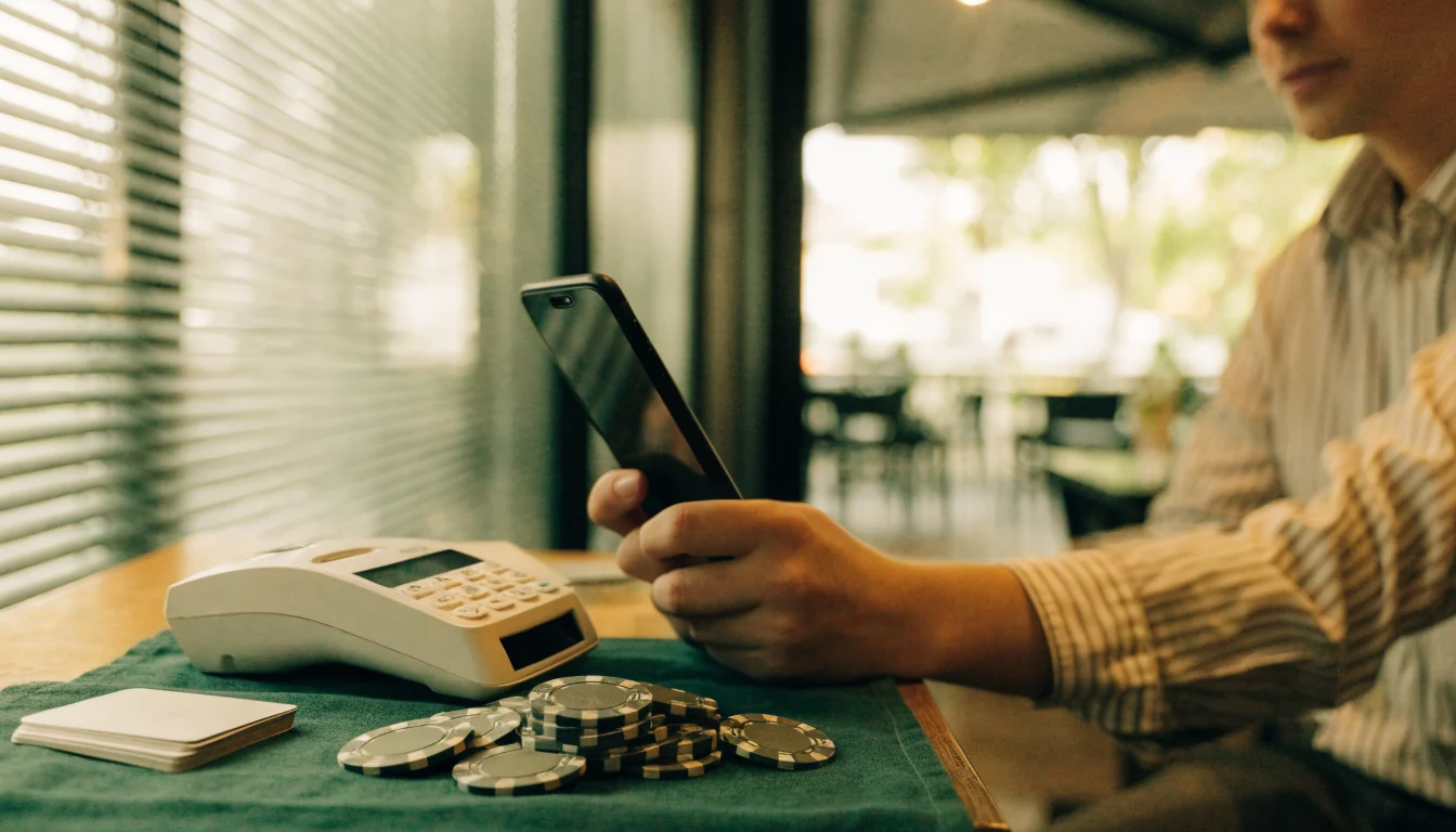 Person holding smartphone near casino chips and payment terminal in a modern New Zealand café