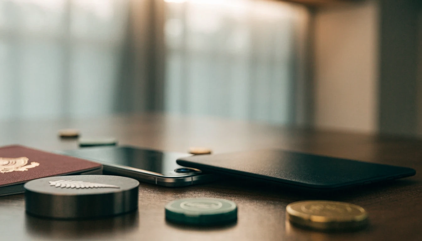 Smartphone, digital wallet card, casino chips, and NZ passport on a wooden table
