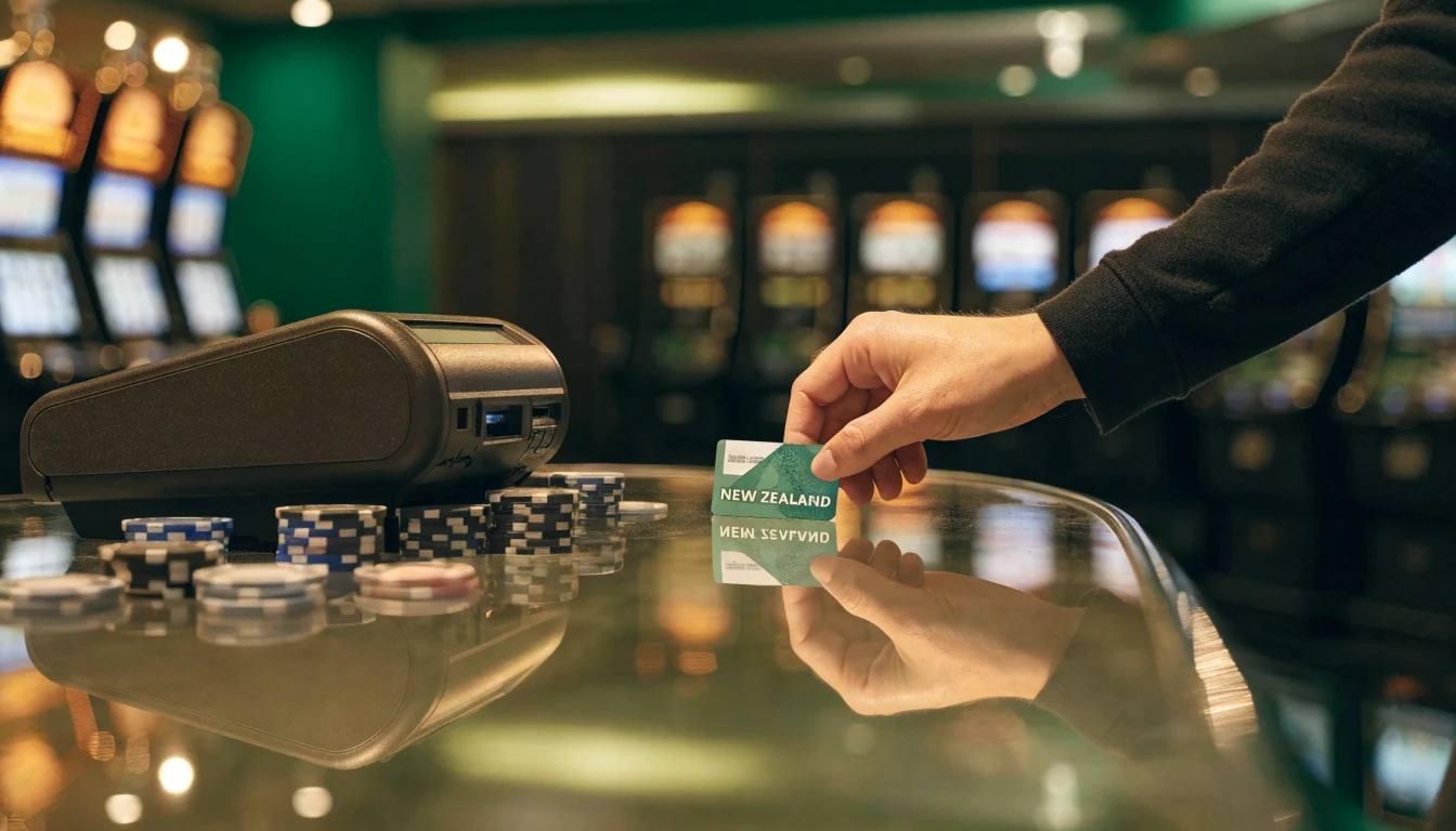 Casino cashier counter with chips and a New Zealand bank card for Maestro payment