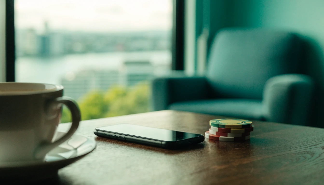 Casino chips and smartphone on a table with Auckland harbour view.