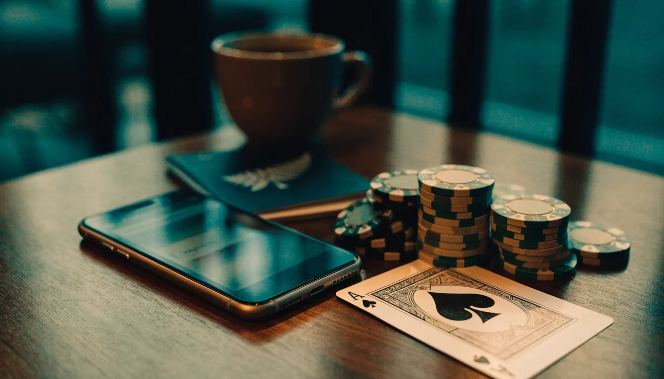 Smartphone with blurred screen, casino chips, playing card, and New Zealand passport on a dark table