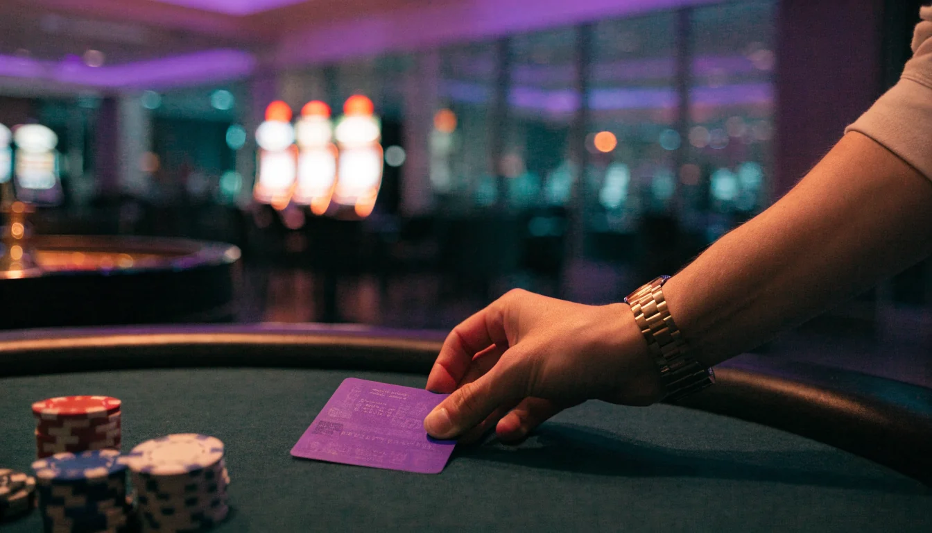 Hand placing a purple Neosurf voucher on a casino table with chips in New Zealand lounge