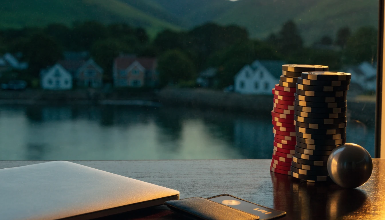 Casino chips, closed laptop, roulette ball, and e-wallet card on a table with a New Zealand coastal town view at dusk