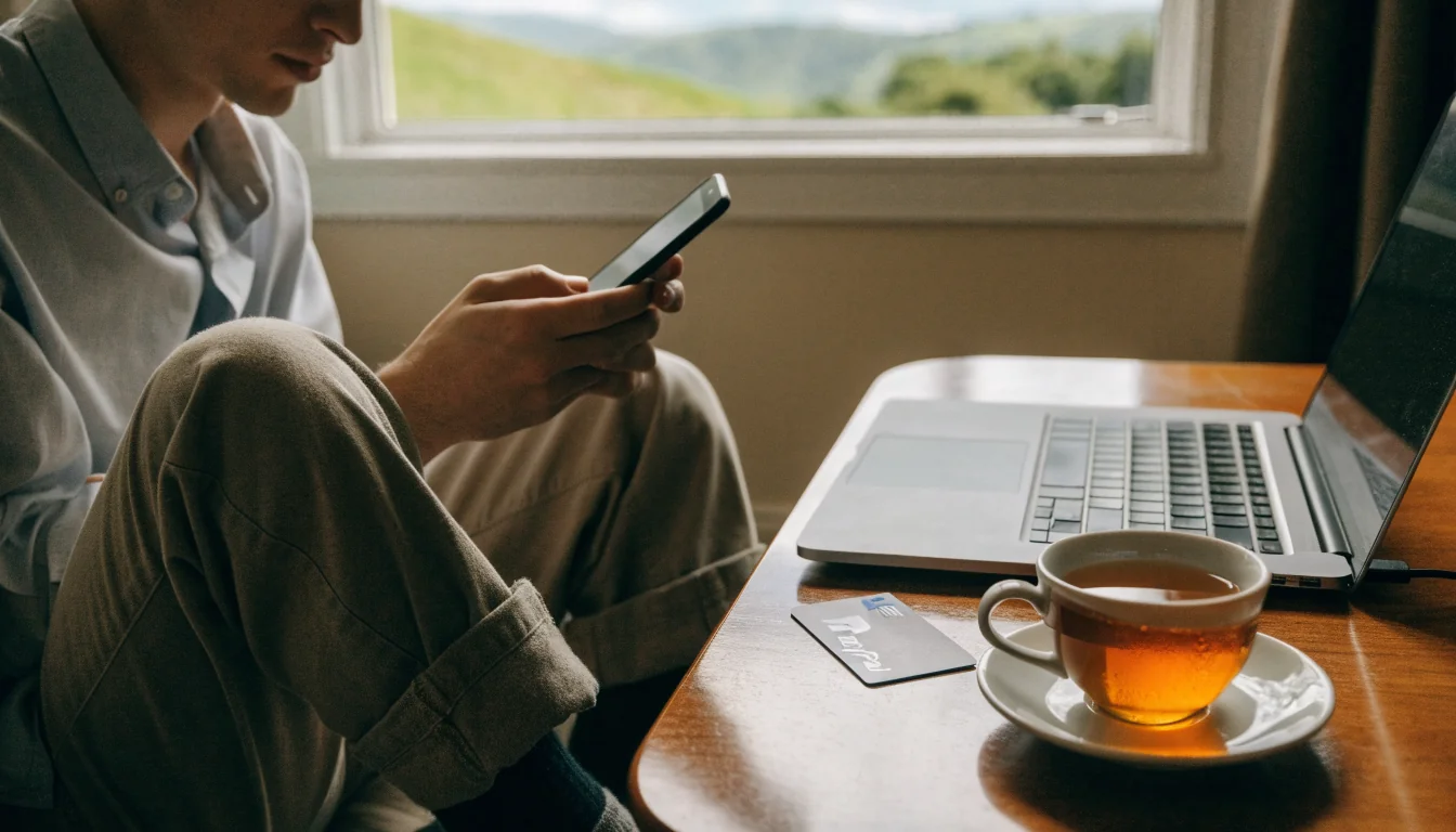 New Zealand player with smartphone, laptop and PayPal card at home