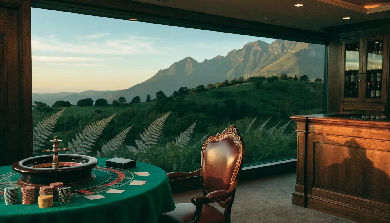 Empty upscale casino lounge with roulette table, chips, and New Zealand mountain view through the window.