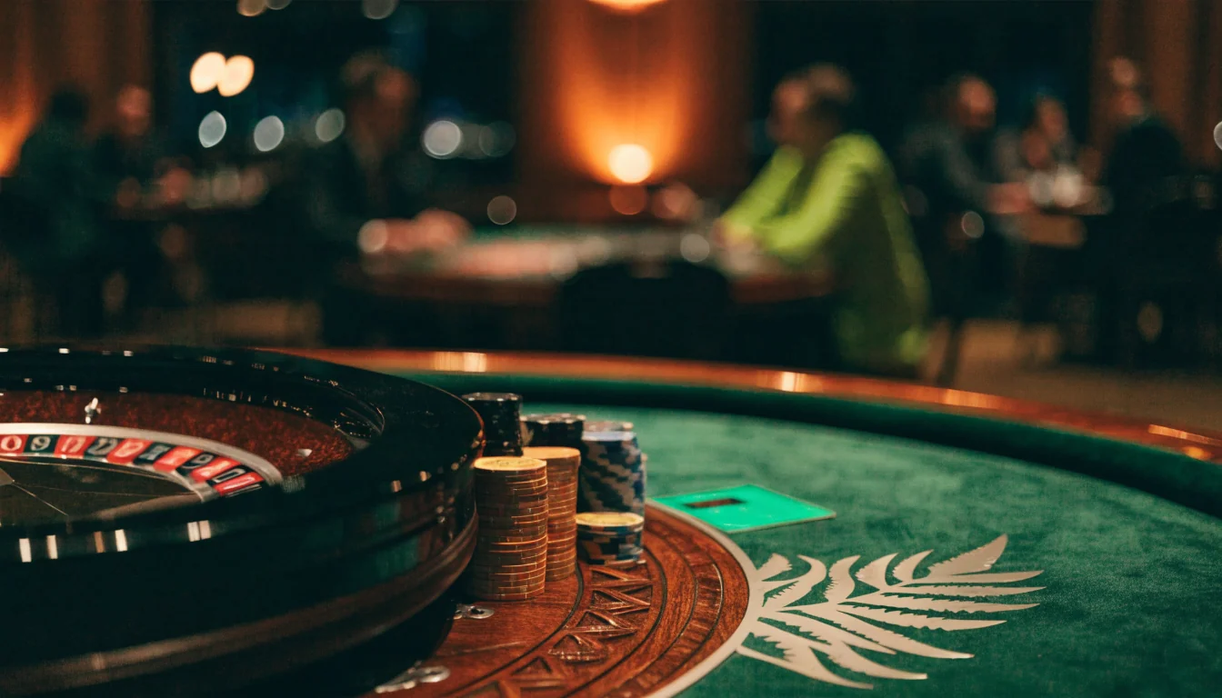 Elegant casino table with chips and roulette wheel, warm golden lighting, New Zealand setting
