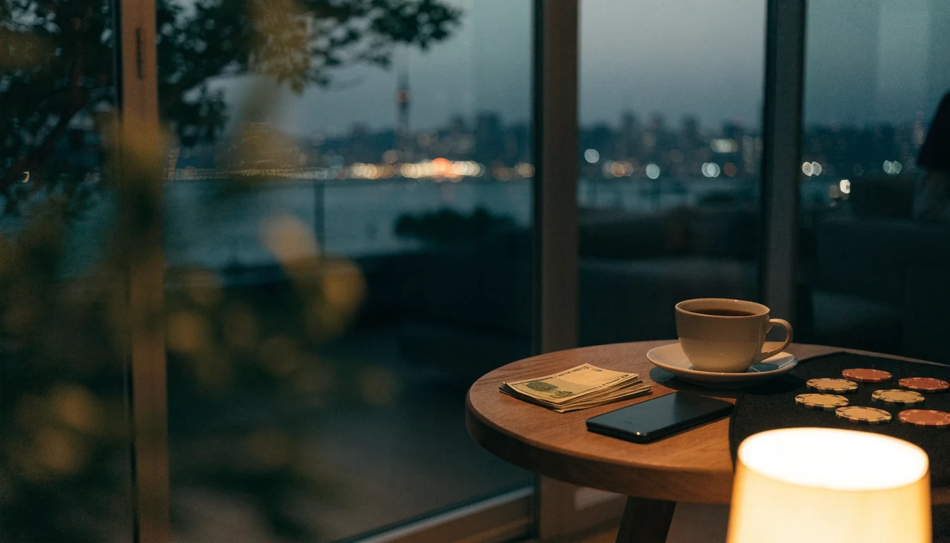 Auckland apartment evening scene with NZ dollars, smartphone, and casino chips on a side table.