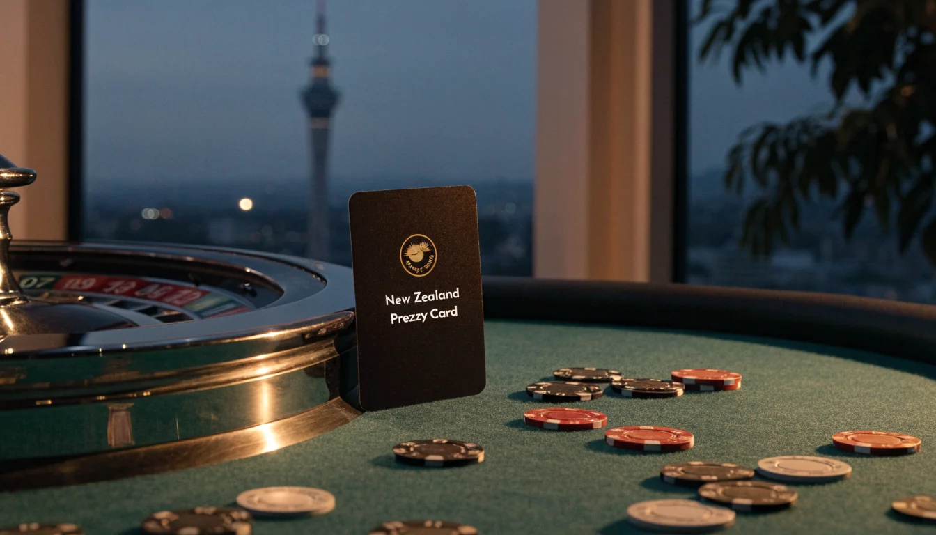Casino chips and roulette wheel with a Prezzy Card and Auckland skyline background.