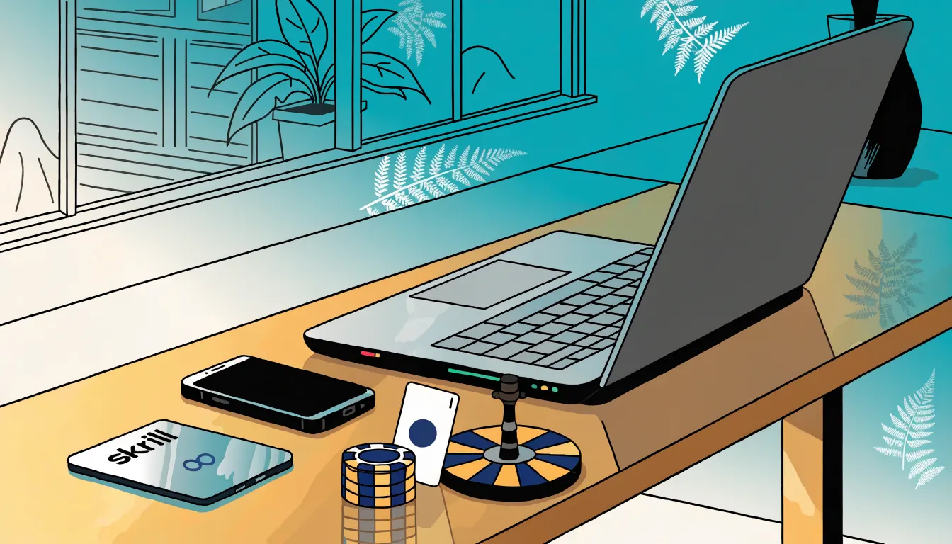 Desk scene with laptop, smartphone, e-wallet card, casino chips and small roulette wheel, New Zealand themed