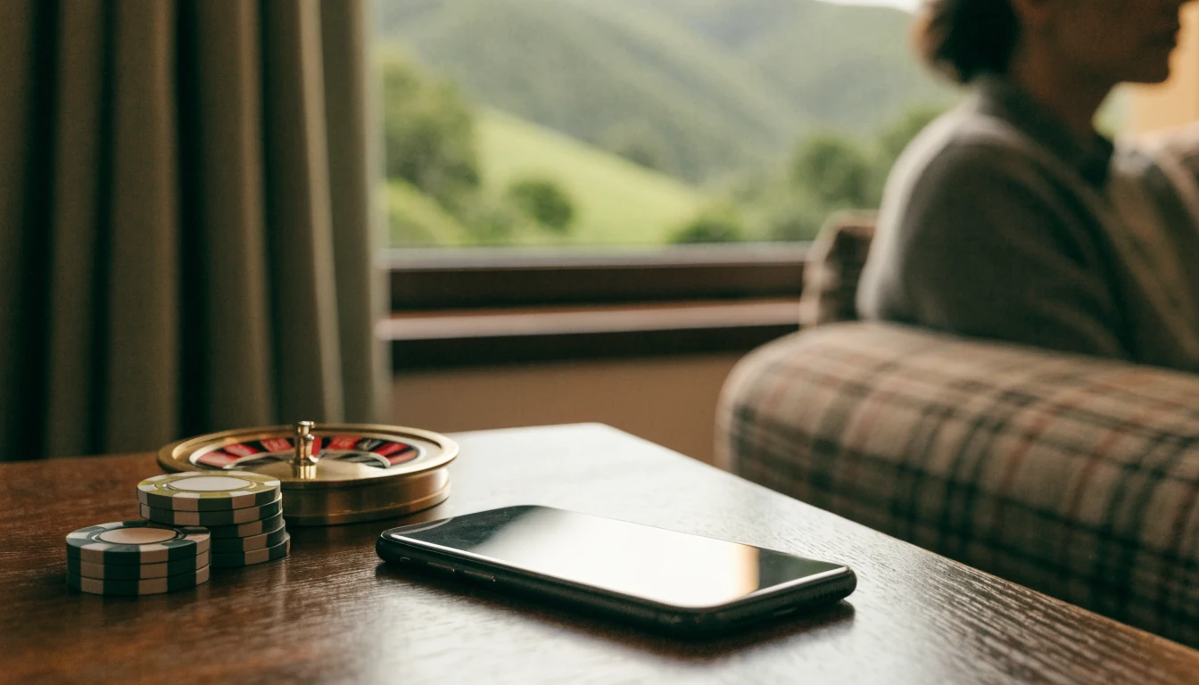 Smartphone face-down with casino chips and roulette on a table in a New Zealand home